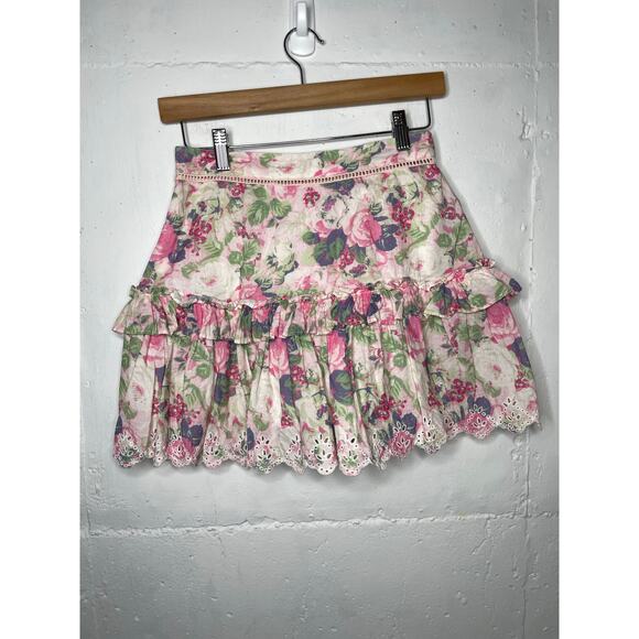 LoveShackFancy White Cream Ruffled Skater Mini Skirt Size 0 Pink Floral - Picture 5 of 7